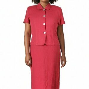 Jessica Howard Dress Suit Size 18 Midi Shoulder Pad Kick Pleat Linen Rayon Coral